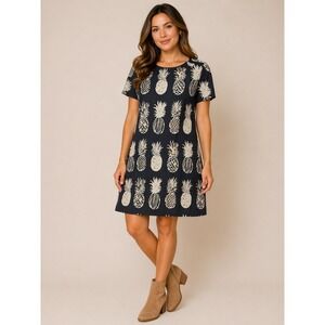 Bombay Paisley Navy Blue Pineapple Print Cotton Linen Shift Dress XS